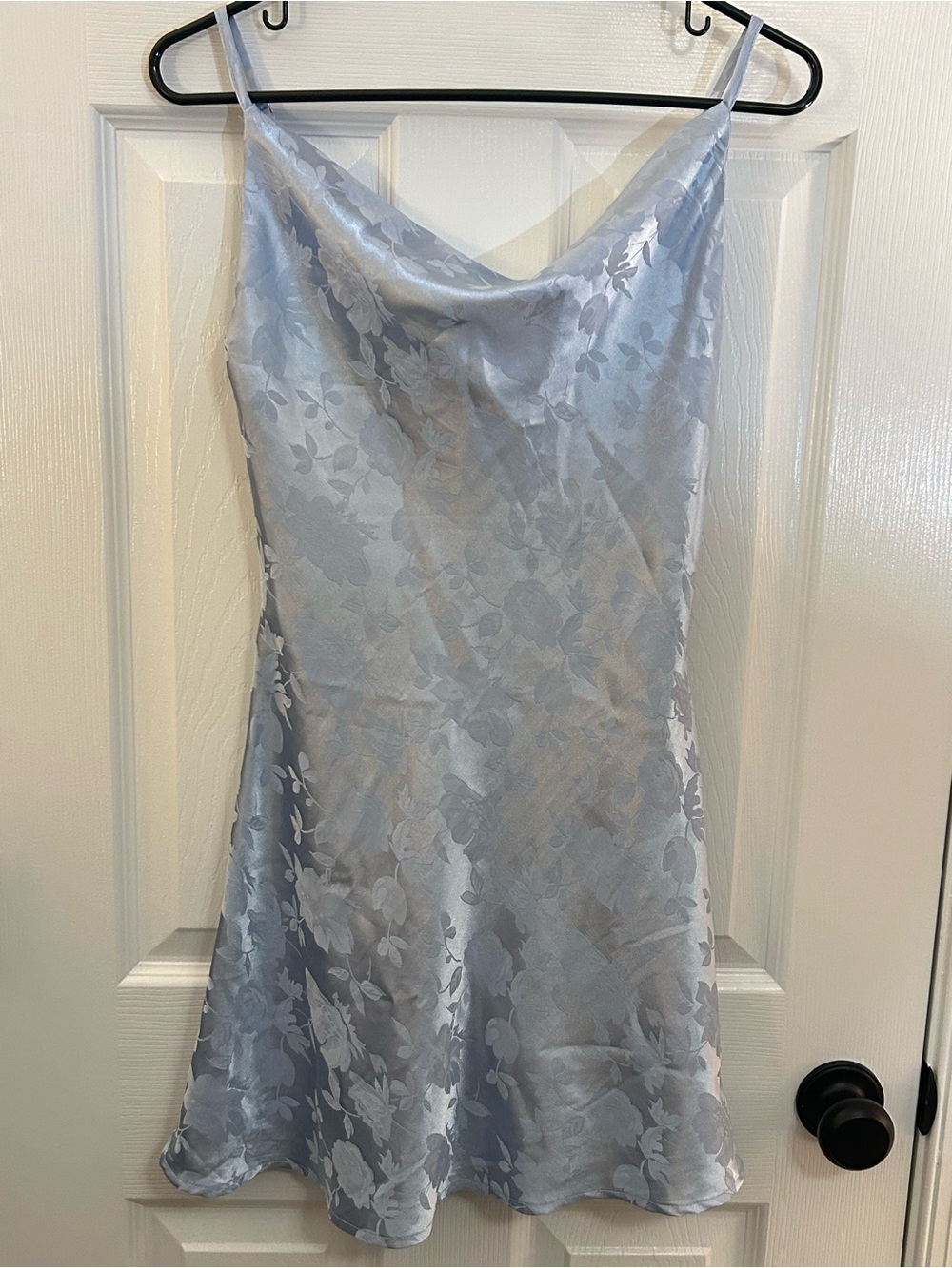 Lulus Close to Your Heart Light Blue Satin Jacquard Cowl Mini Slip Dress - S